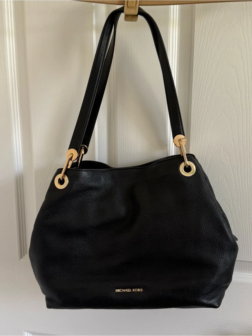 Michael Kors Black Pebbled Leather Shoulder Tote with Gold Hardware